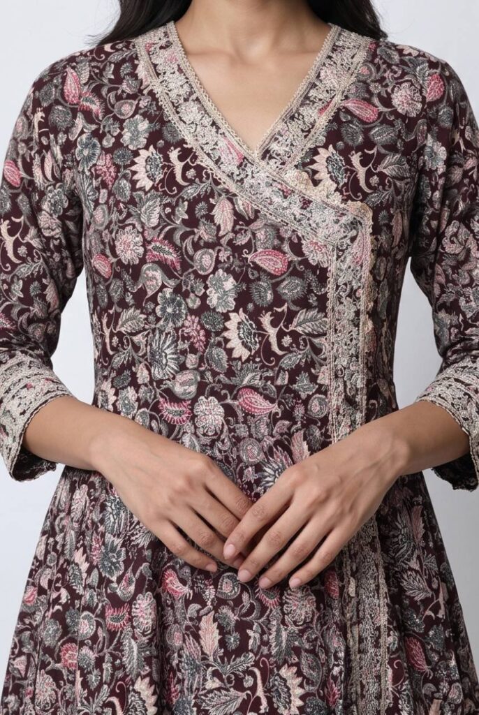 Women's Cotton Angrakha Kameez,Pant and Dupatta, Burgundy Wine