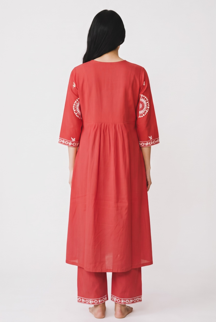 Women's Cotton Angrakha Waist flared Kameez, pant and Dupatta, Crimson Orange