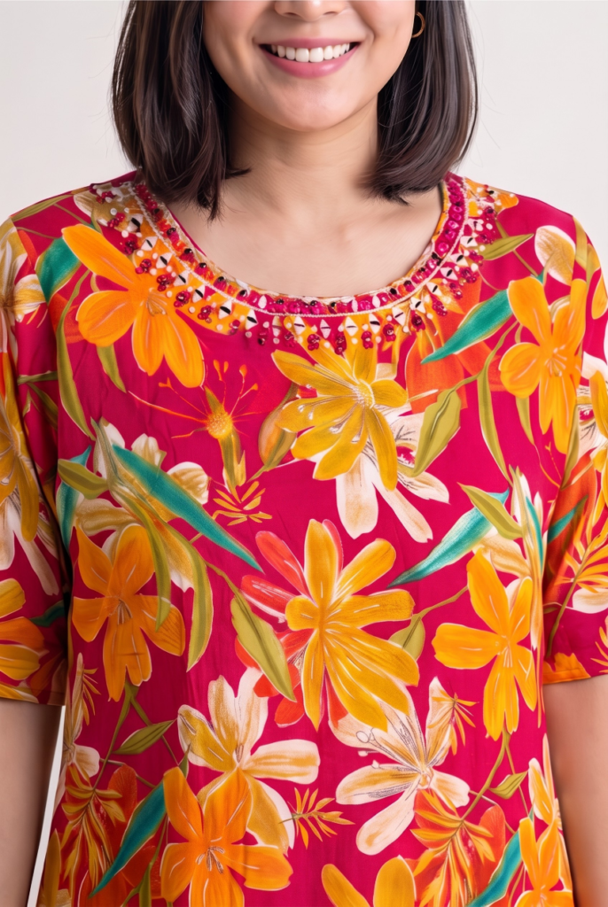 Women's Cotton Straight-Cut Kameez, Pant and Dupatta, Rich Fuchsia