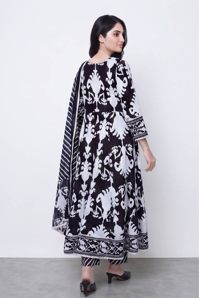 Women's Cotton Angrakha Kameez,Pant and Dupatta, Charcoal Black