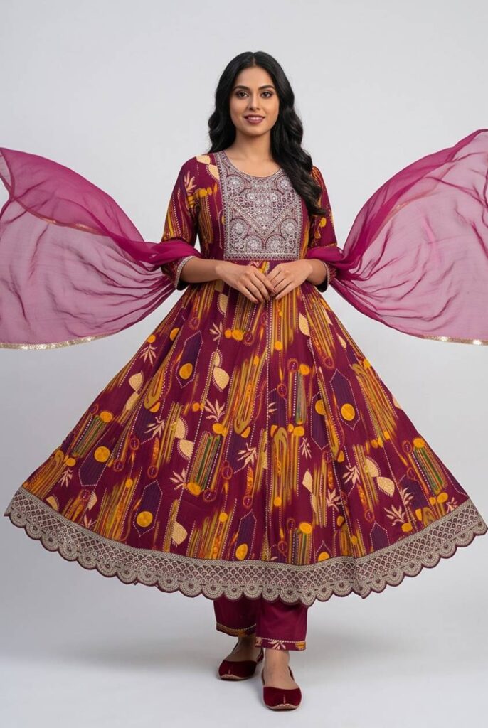 Women's Cotton Anarkali Kameez,Pant and Dupatta, Plum Purple