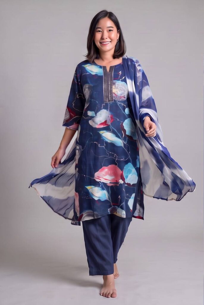 Women's Cotton Straight-Cut Kameez, Pant and Dupatta, Navy Blue