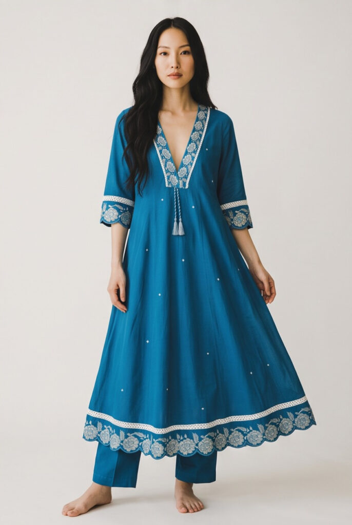 Women's Cotton Anarkali Suit with Kameez, Pant and Dupatta, Teal Blue