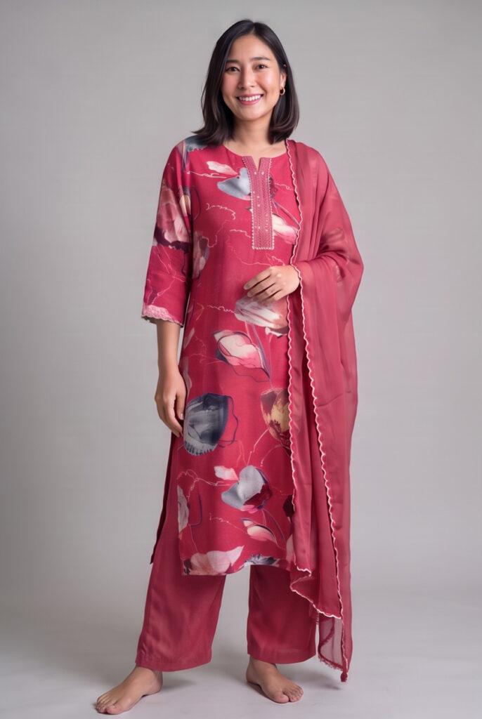 Women's Cotton Straight-Cut Kameez, Pant and Dupatta, Navy Blue