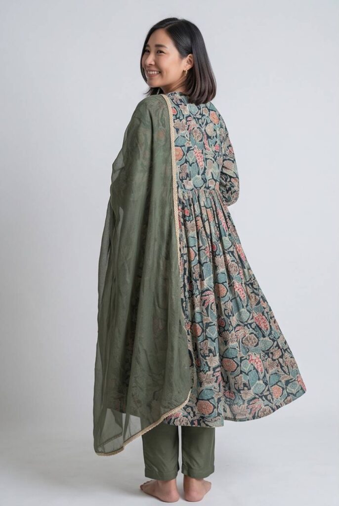 Women's Cotton Angrakha Kameez, Pant  and Dupatta, Olive Green