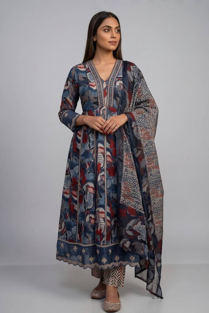 Women's Cotton Anarkali Kameez,Pant and Dupatta, Slate Blue