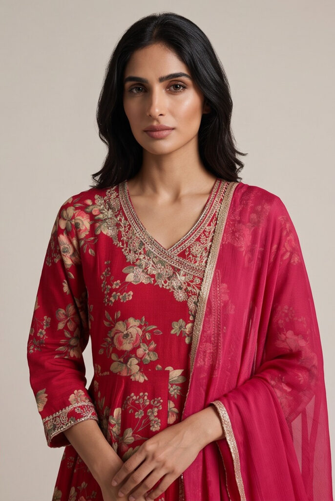 Women's Cotton Angrakha Kameez,Pant and Dupatta. Ruby Red