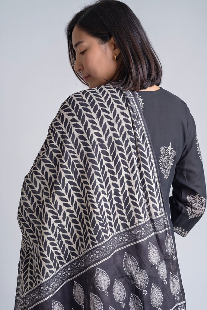 Women's Cotton Straight-Cut Kameez, Pant and Dupatta, Black