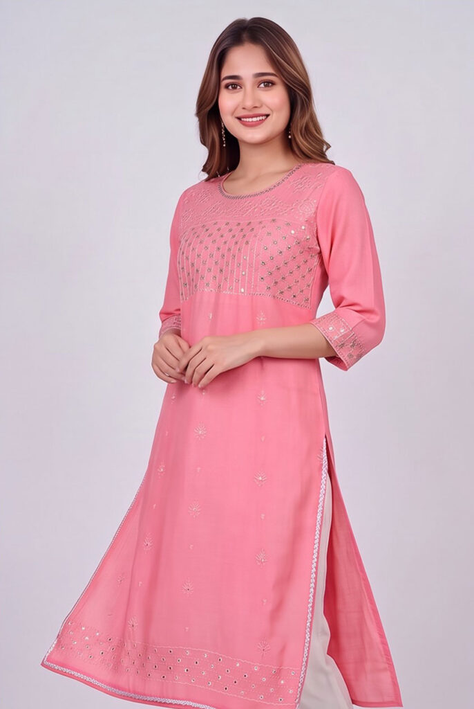 Women's Cotton Straight-cut Kameez, Rose Pink