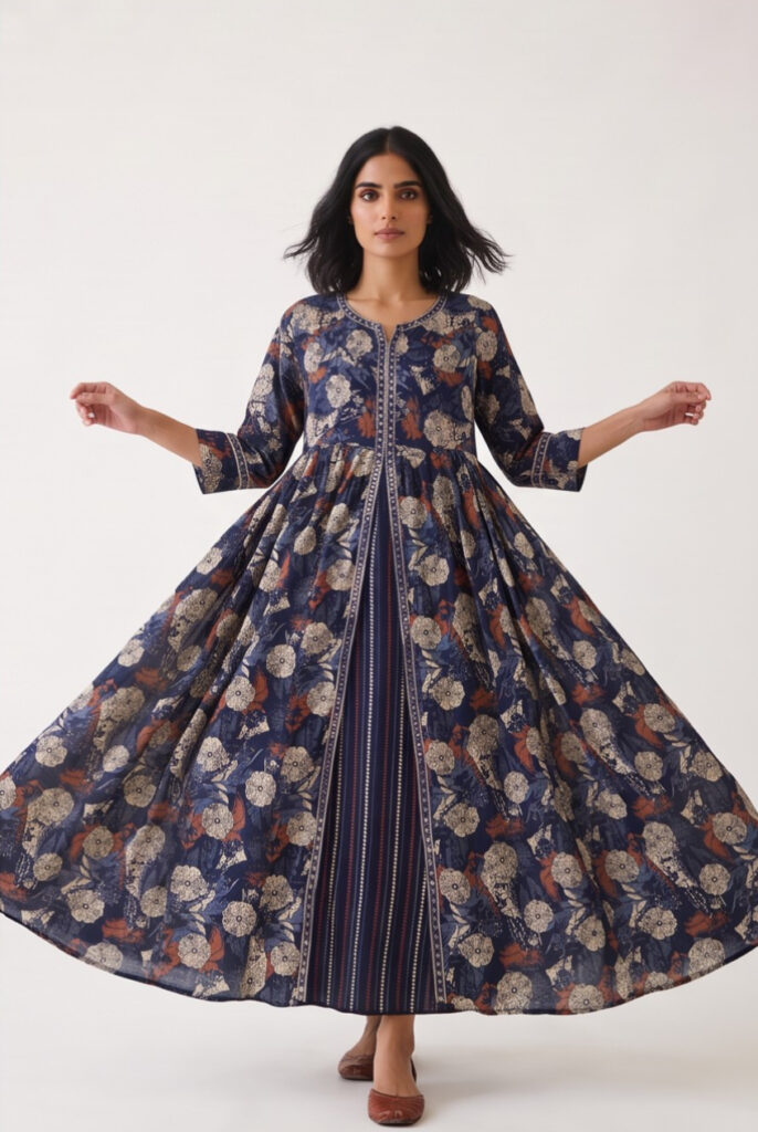 Women's Cotton Layered Anarkali Kameez and Dupatta, Navy Blue