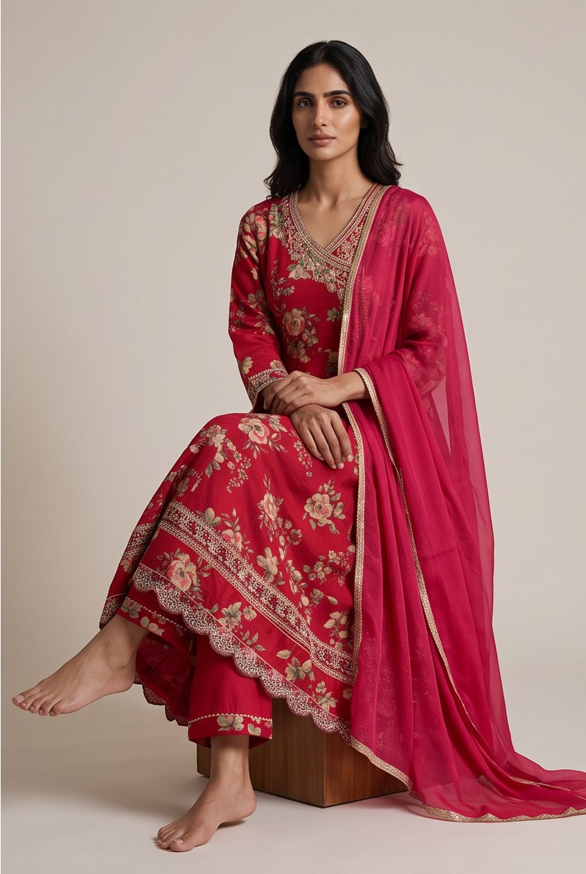 Women's Cotton Angrakha Kameez,Pant and Dupatta. Ruby Red - Image 3