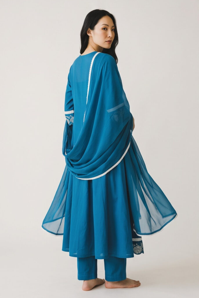 Women's Cotton Anarkali Suit with Kameez, Pant and Dupatta, Teal Blue
