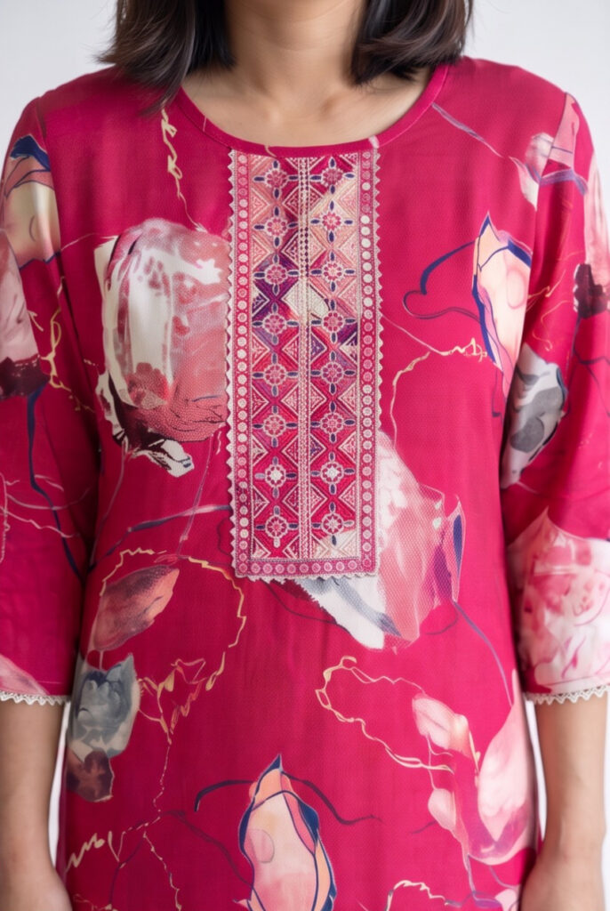 Women's Cotton Straight-Cut Kameez, Pant and Dupatta,Raspberry Pink