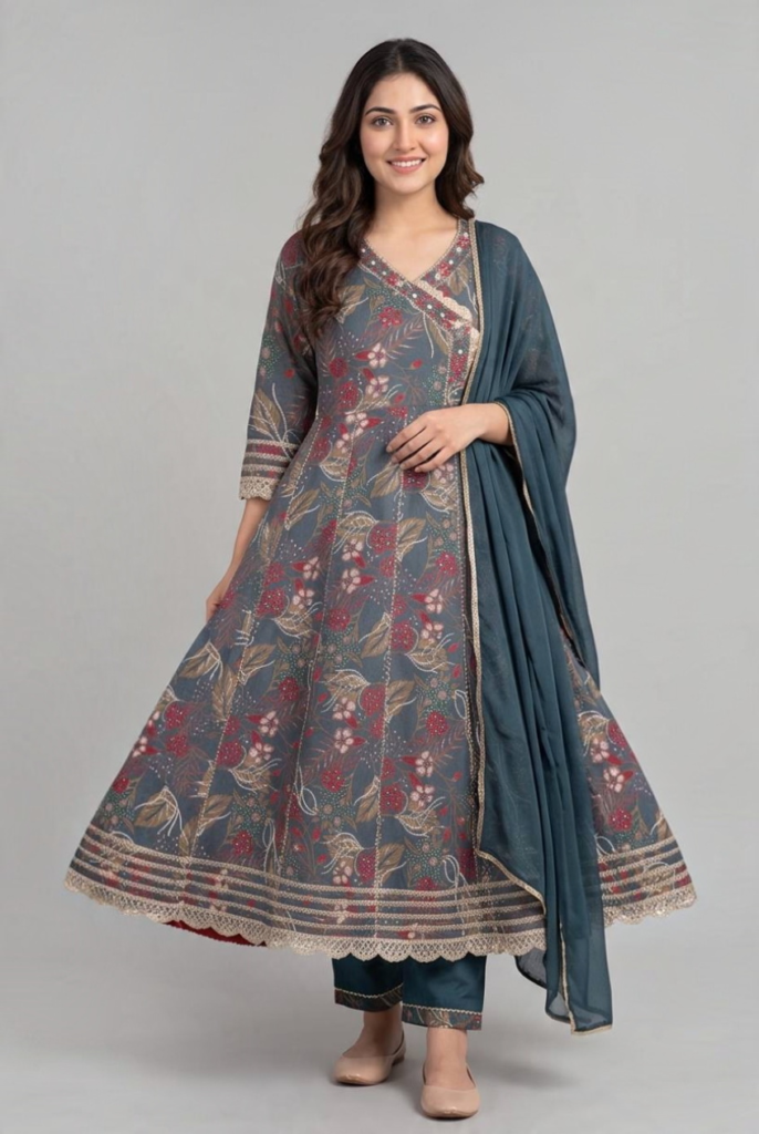 Women's Cotton Angrakha Kameez,Pant and Dupatta, Steel Blue
