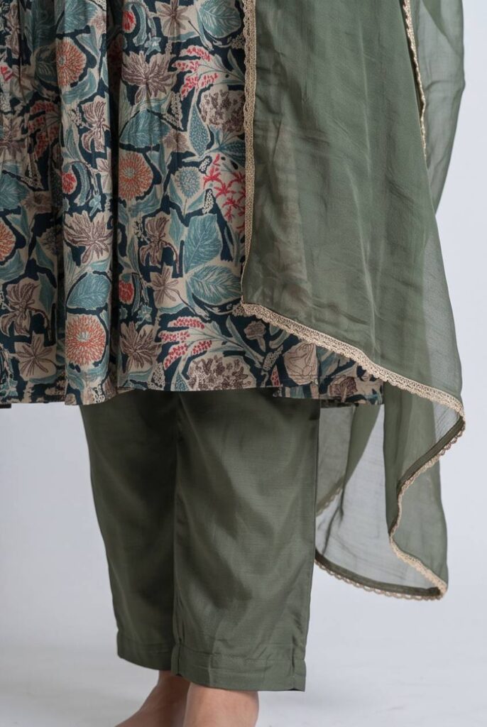 Women's Cotton Angrakha Kameez, Pant  and Dupatta, Olive Green