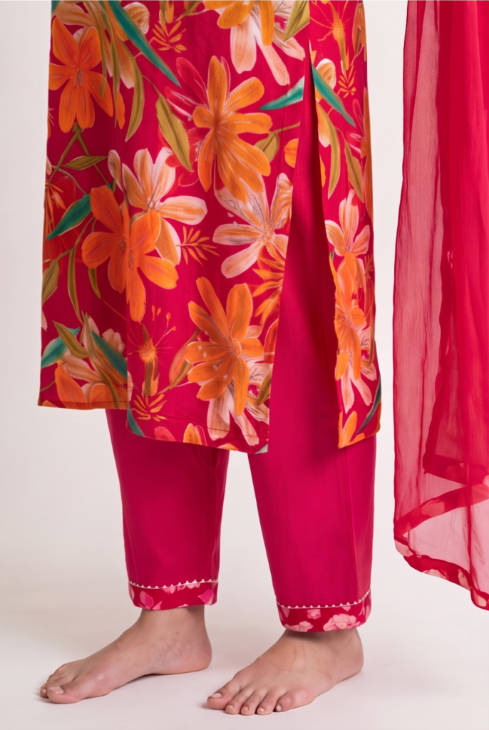 Women's Cotton Straight-Cut Kameez, Pant and Dupatta, Rich Fuchsia