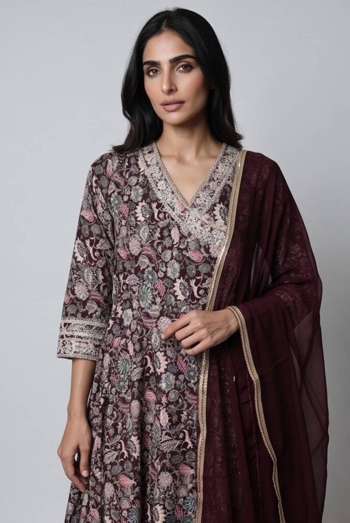 Women's Cotton Angrakha Kameez,Pant and Dupatta, Burgundy Wine