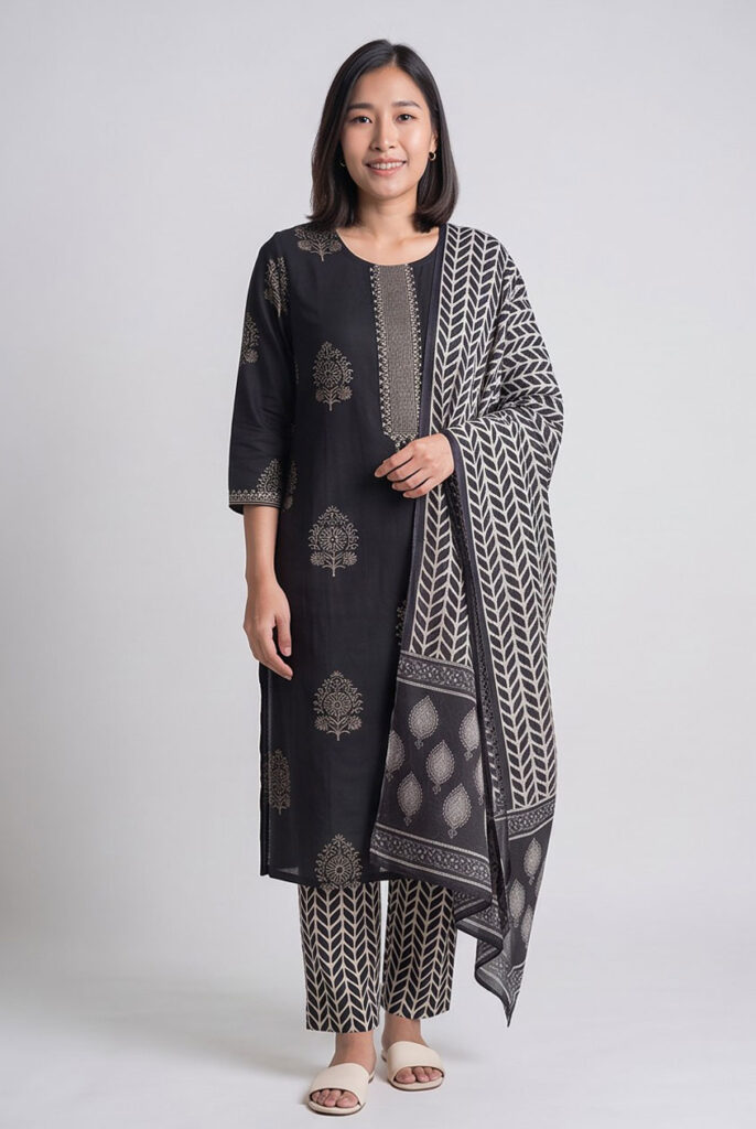 Women's Cotton Straight-Cut Kameez, Pant and Dupatta, Black