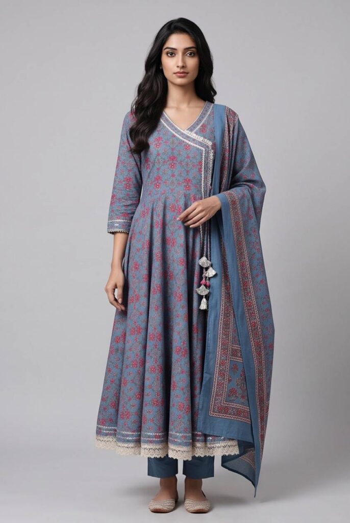 Women's Cotton Angrakha Kameez, pant and Dupatta, Slate Blue