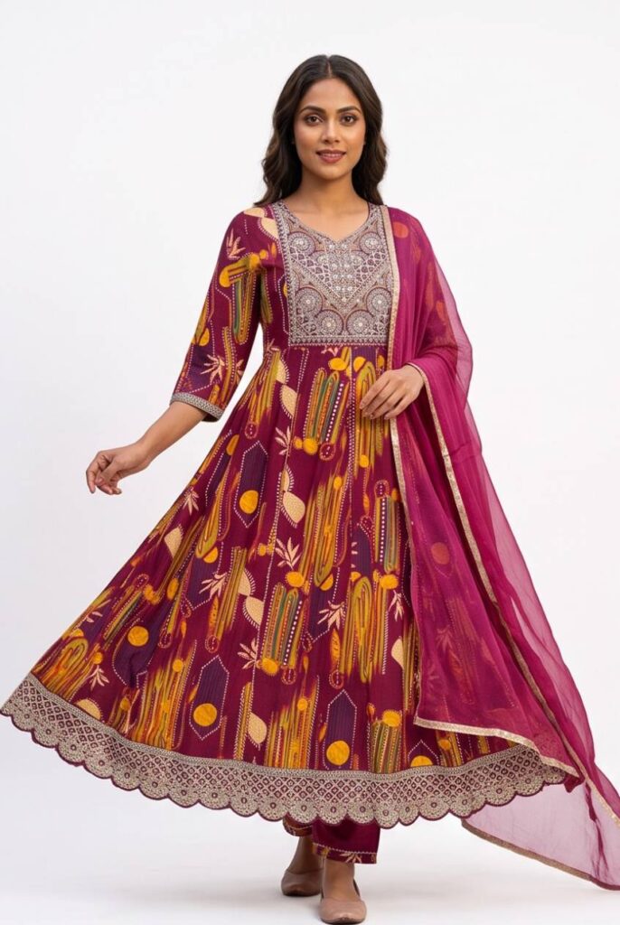 Women's Cotton Anarkali Kameez,Pant and Dupatta, Plum Purple