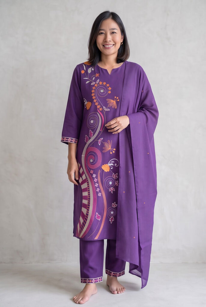 Women's Cotton Staight-cut Kameez, pant and Dupatta, Purple