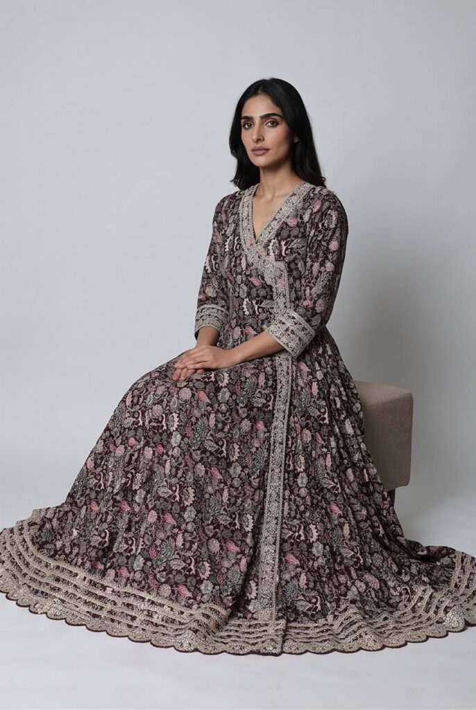 Women's Cotton Angrakha Kameez,Pant and Dupatta, Burgundy Wine
