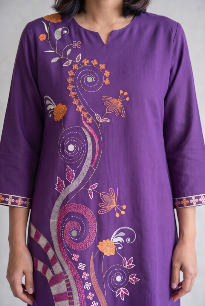Women's Cotton Staight-cut Kameez, pant and Dupatta, Purple