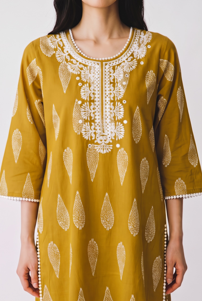 Women's Cotton Straight-Cut Kameez, Pant and Dupatta, Mustard Yellow