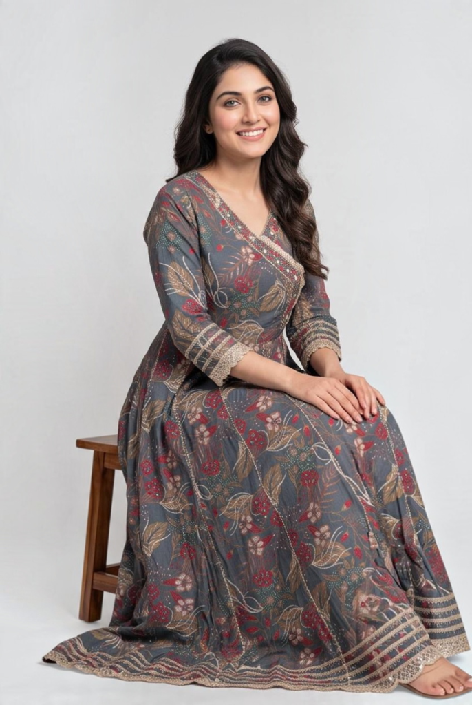 Women's Cotton Angrakha Kameez,Pant and Dupatta, Steel Blue