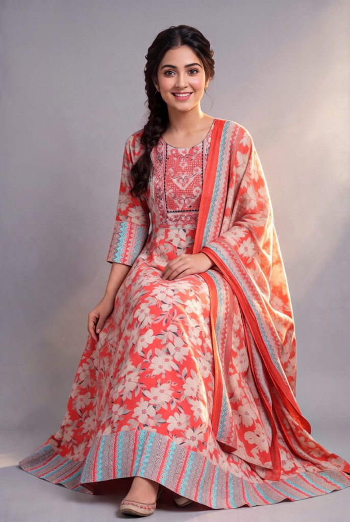 Women's Cotton Anarkali Kameez and Dupatta, Coral