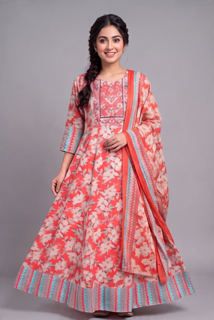 Women's Cotton Anarkali Kameez and Dupatta, Coral