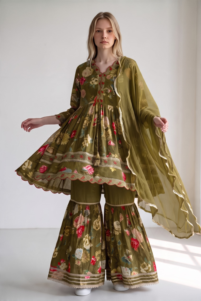 Women's Cotton Anarkali Kameez, Gharara and Dupatta