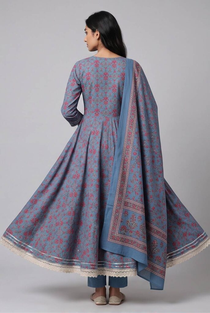 Women's Cotton Angrakha Kameez, pant and Dupatta, Slate Blue