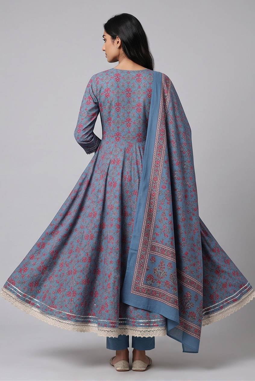 Women's Cotton Angrakha Kameez, pant and Dupatta, Slate Blue - Image 2