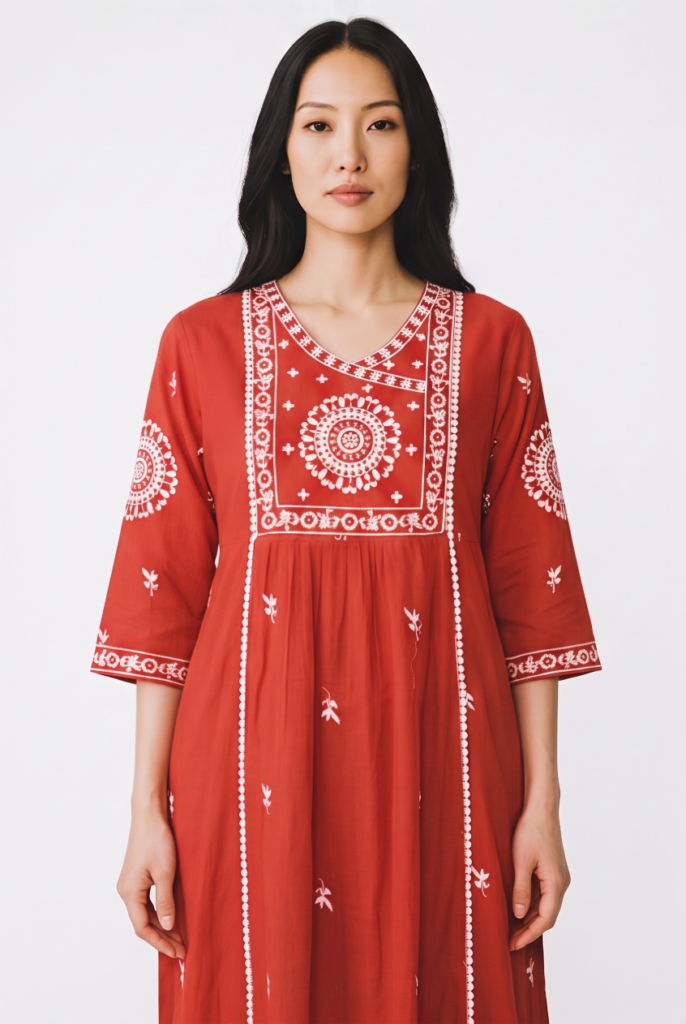 Women's Cotton Angrakha Waist flared Kameez, pant and Dupatta, Crimson Orange
