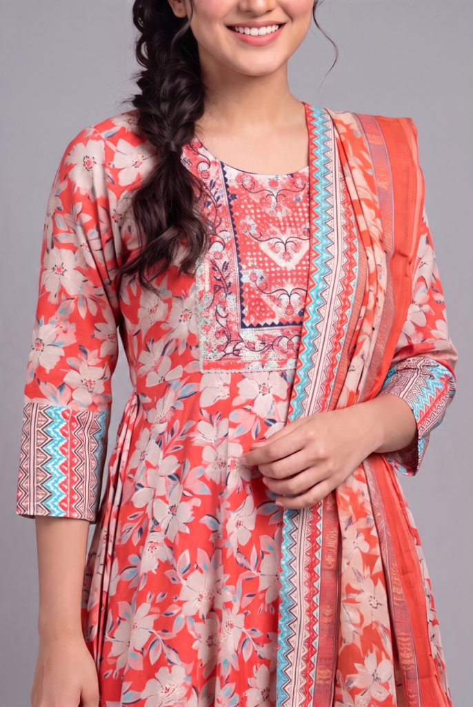 Women's Cotton Anarkali Kameez and Dupatta, Coral