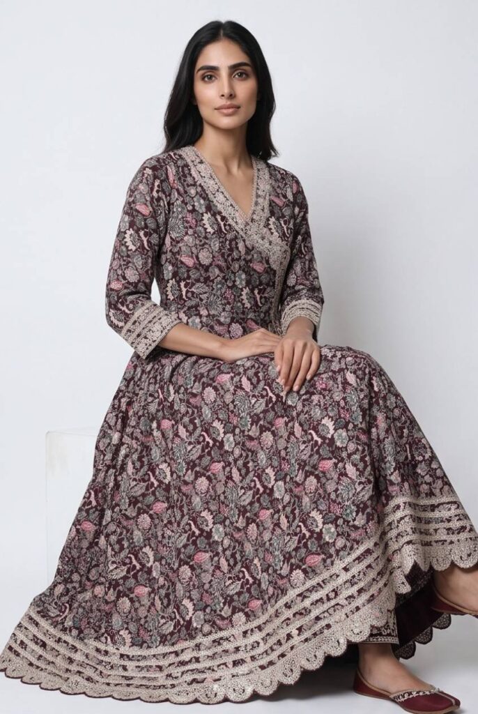 Women's Cotton Angrakha Kameez,Pant and Dupatta, Burgundy Wine