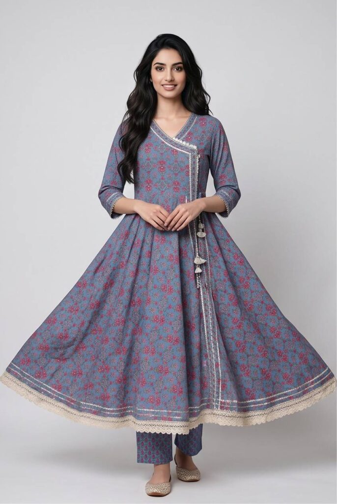 Women's Cotton Angrakha Kameez, pant and Dupatta, Slate Blue