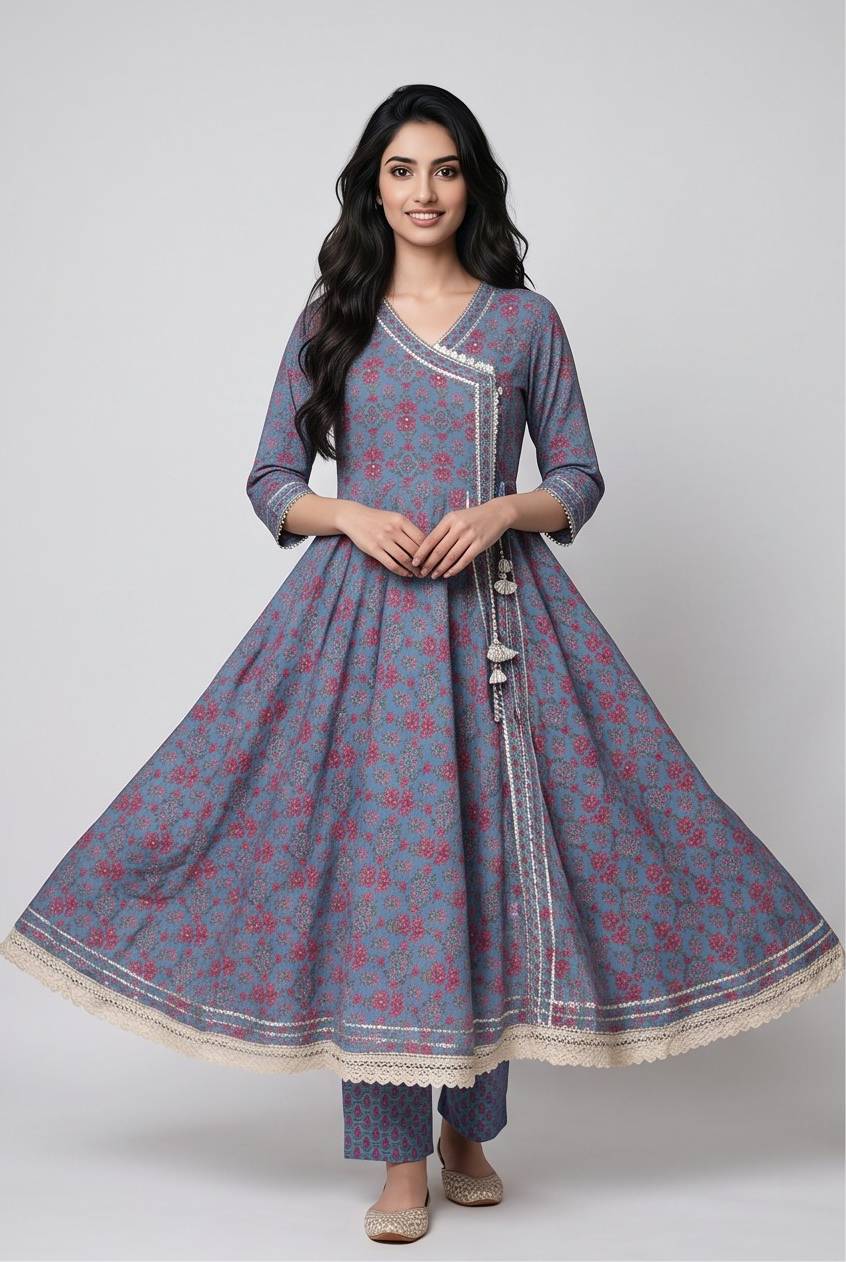 Women's Cotton Angrakha Kameez, pant and Dupatta, Slate Blue - Image 3