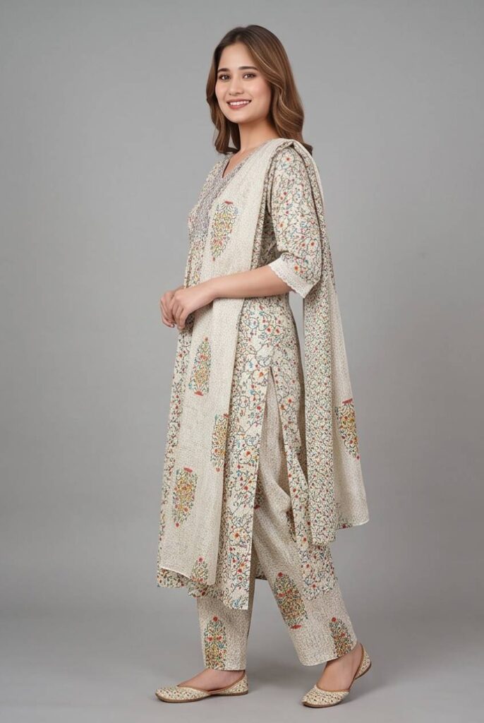 Women's Cotton Straight-cut Kameez, Pant and Dupatta, Off-White