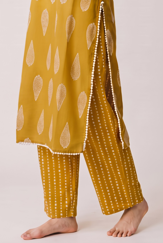 Women's Cotton Straight-Cut Kameez, Pant and Dupatta, Mustard Yellow