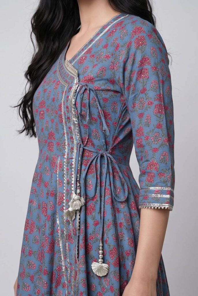 Women's Cotton Angrakha Kameez, pant and Dupatta, Slate Blue