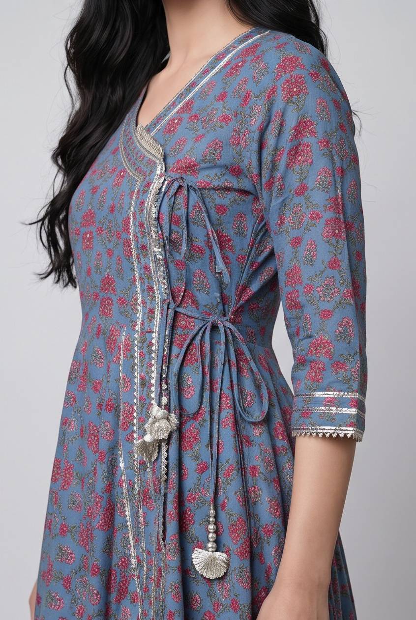 Women's Cotton Angrakha Kameez, pant and Dupatta, Slate Blue - Image 4