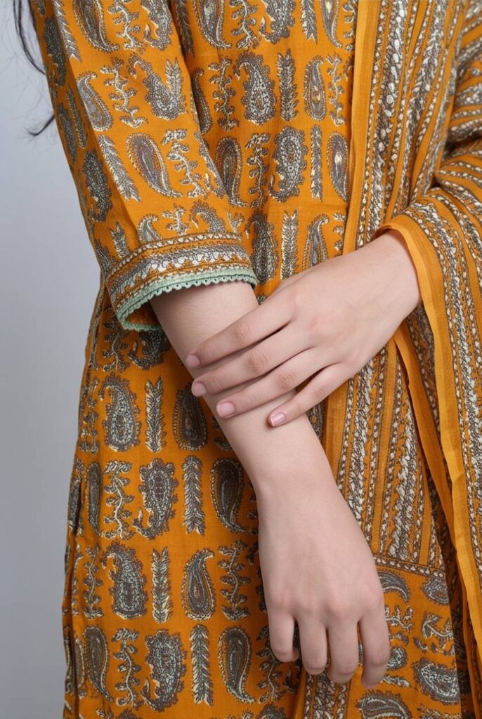 Women's Cotton Angrakha Kameez, pant and Dupatta,Mustard Orange
