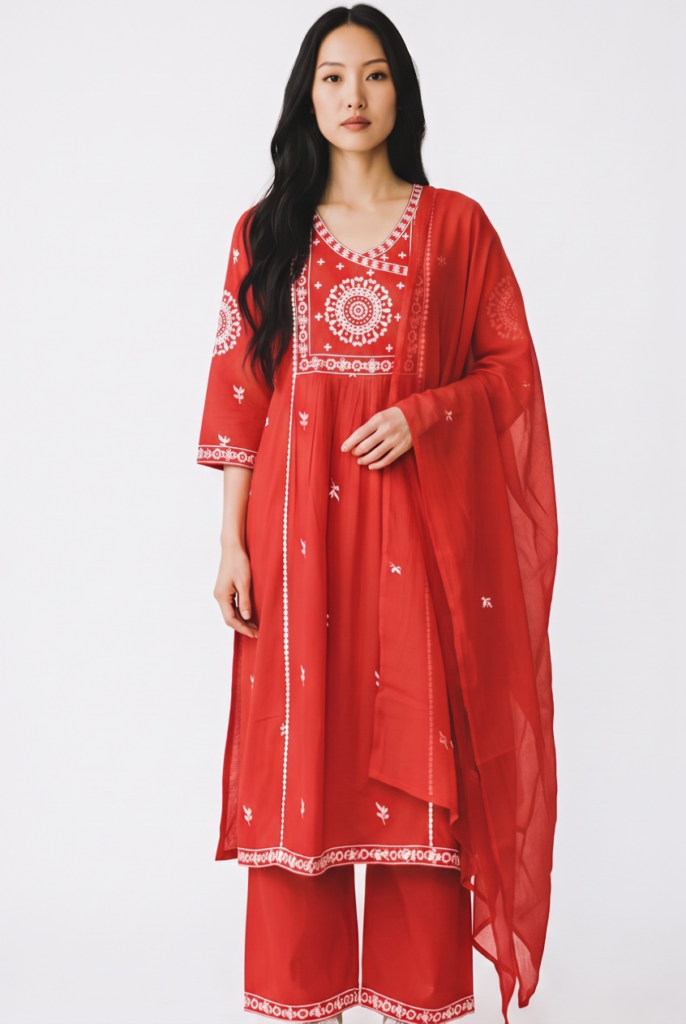 Women's Cotton Angrakha Waist flared Kameez, pant and Dupatta, Crimson Orange