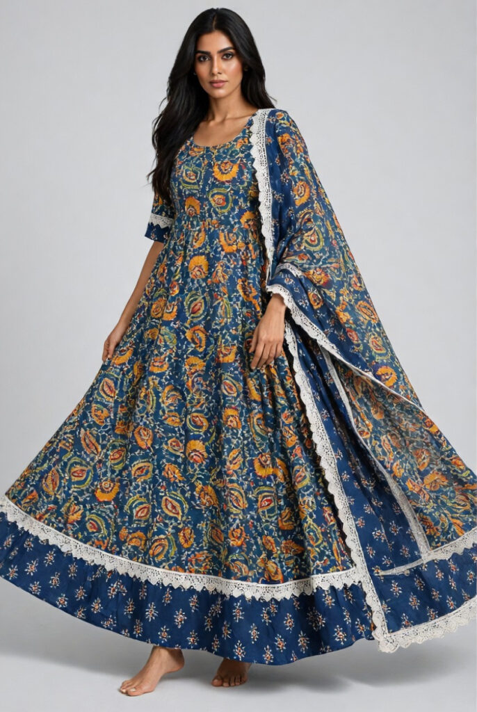 Women's Cotton Anarkali Kameez and Dupatta, Prussian Blue
