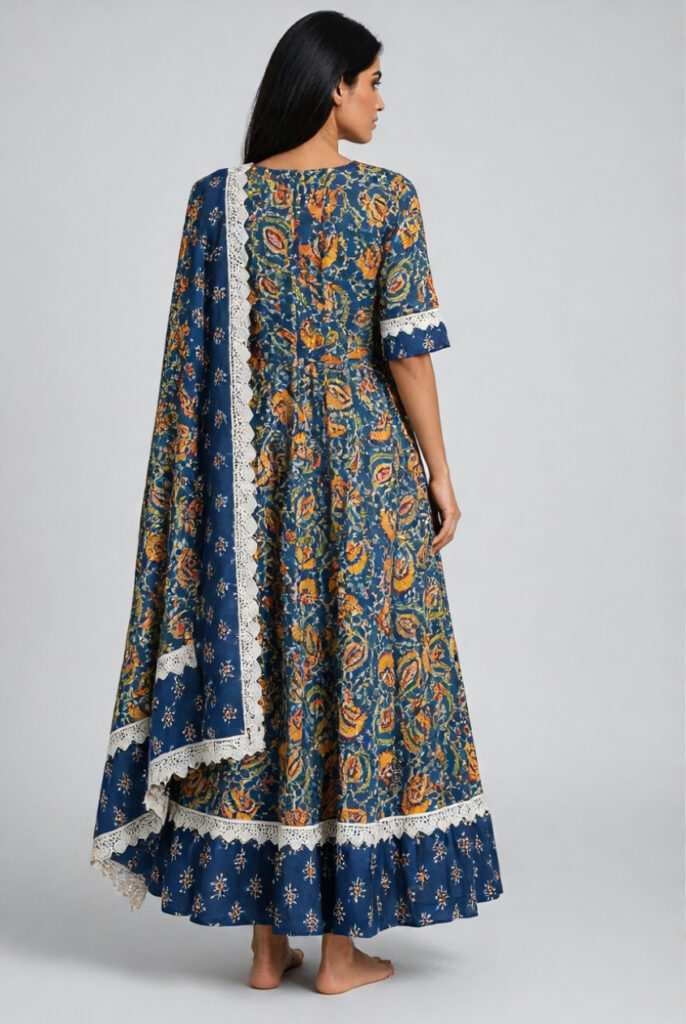 Women's Cotton Anarkali Kameez and Dupatta, Prussian Blue