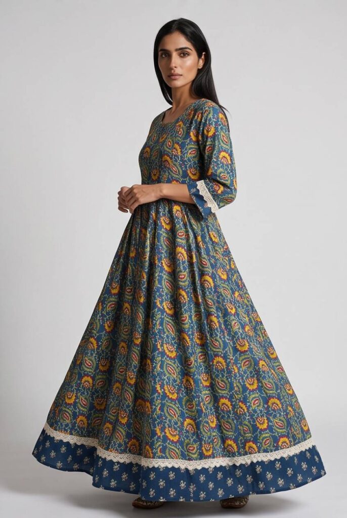 Women's Cotton Anarkali Kameez and Dupatta, Prussian Blue