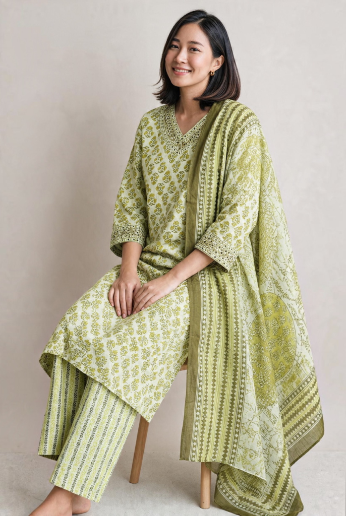 Women's Cotton Straight-Cut Kameez, pant and Dupatta, Pista Green