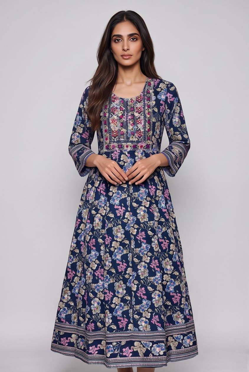 Women's Cotton Anarkali Kameez, Navy Blue